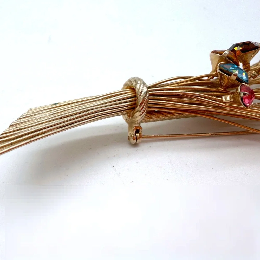 Vintage 1960s Rhinestone‎ Spray Brooch Multicolor Gold Tone Mid Century